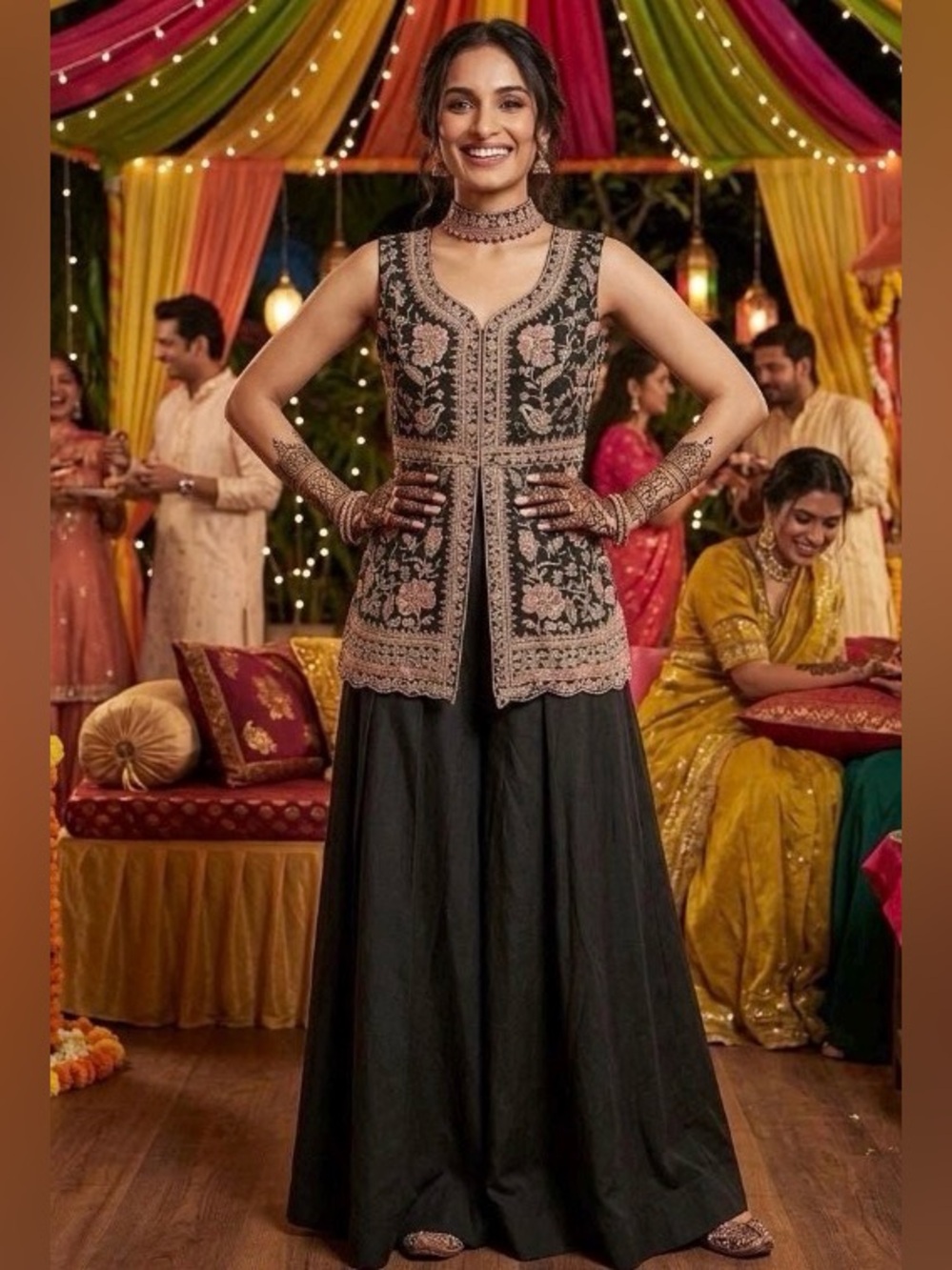 Mehendi Green Sleeveless Georgette Embroidered Palazzo Suit